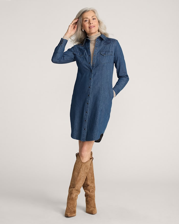 WOMEN'S EMBROIDERED CHAMBRAY GAMBLER SHIRT DRESS